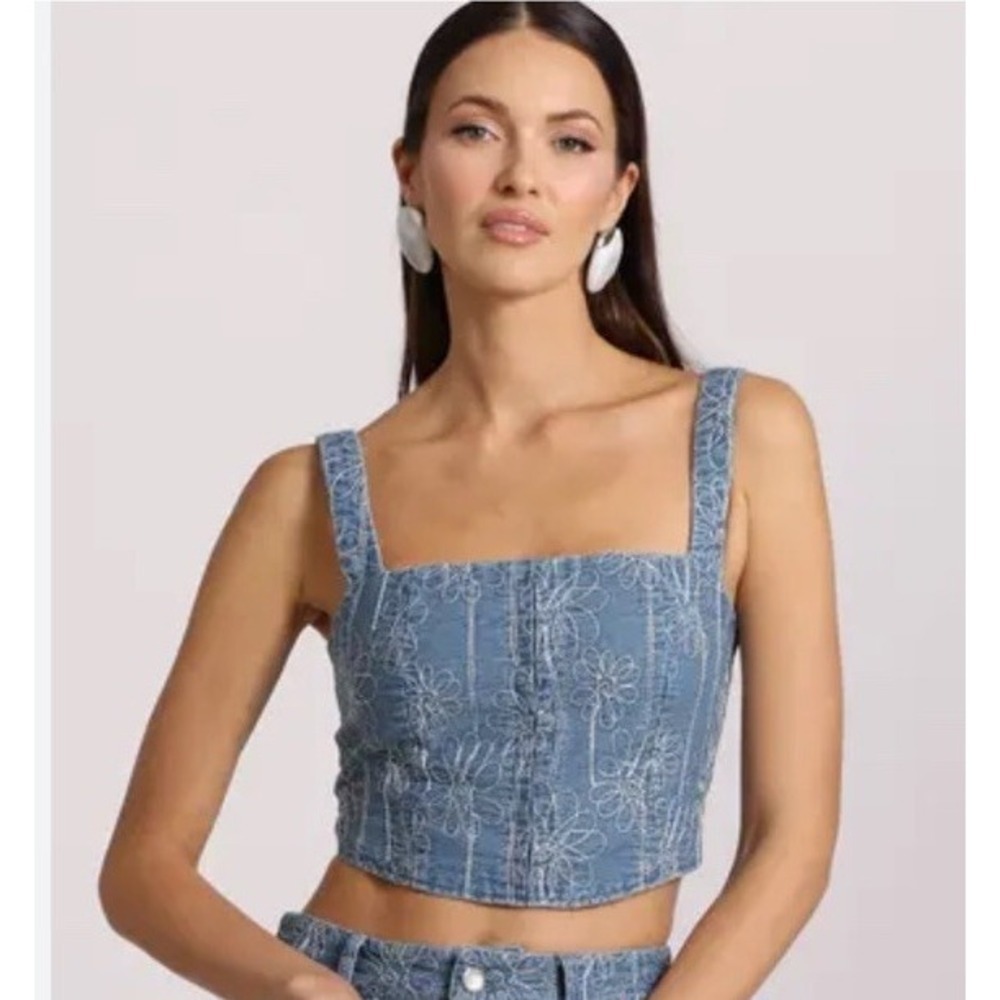 House of Harlow 1960 Blue Floral Embroidered Denim Crop Top Large Square Neck